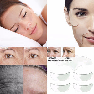 5PC Silicone Anti Wrinkle Russable Patches for Neck + Chest + Eye + Forehead + Smile Lines + Reusable Face Lifting Overnight Pads